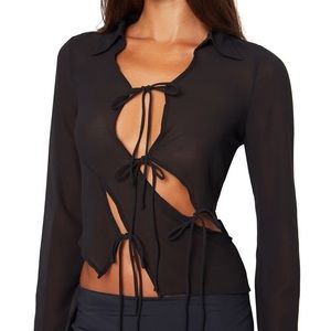 Danielle Guizio NY Sheer Long Sleeve Tie Top in Black
